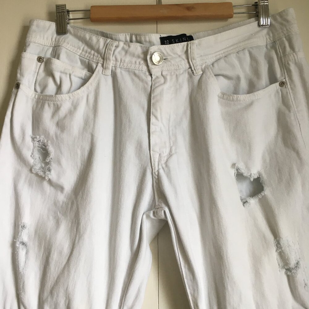 Uh Denim White Distressed Pintuck Stretch Skinny Jeans Size 32 - Picture 3 of 16